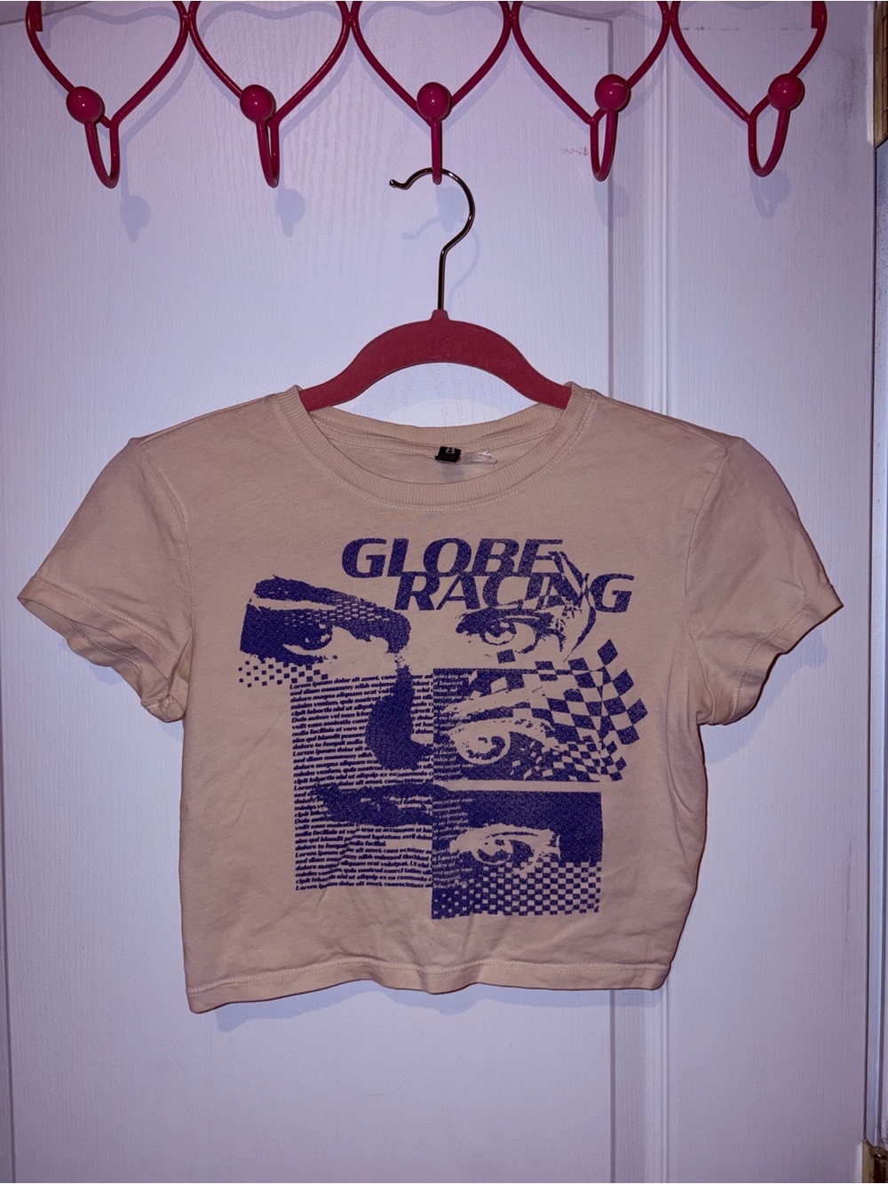 Crop Top Globe Racing Graphic Tee in Beige